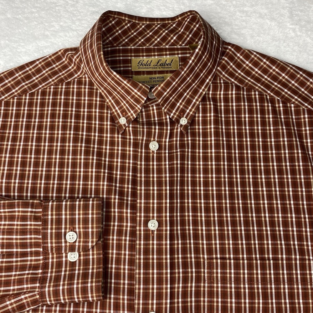 Roundtree & Yorke Gold Label Shirt Men's Large Tall Rust/Brown Plaid Non Iron